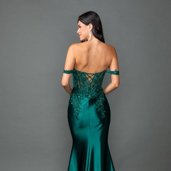 New Off Shoulder Maxi Prom Gown w/ Floral Lace Over Sheer Boned Bodice DQ 4540 - Picture 4 of 9